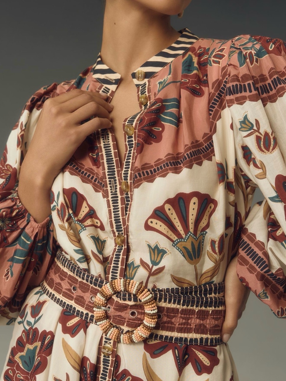 FARM Rio Terracotta, Cream & Teal Floral Long-Sleeve Mini Dress - Picture 3 of 7